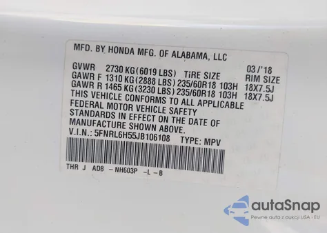 2018 Honda Odyssey Ex from USA, damaged, VIN 5FNRL6H55JB106108
